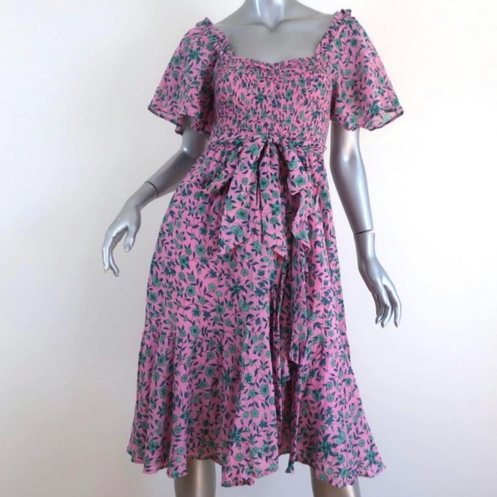 Banjanan Midi Dress XS Pink Floral Print Smocked Ruffle Sleeve Camilla Cotton - Picture 2 of 14